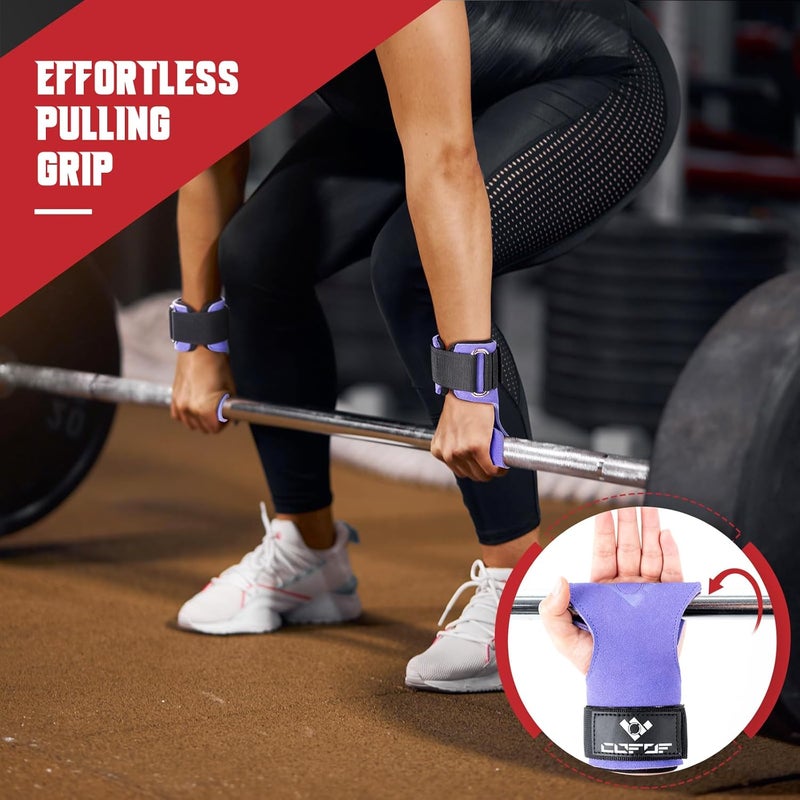 COFOF Weight Lifting Wrist Strap, Double Layer Leather Wrist Strap for Deadlift and Powerlifting, Adjustable Neoprene Padded Gym Workout Lifting Hooks (Pair) - Image 5